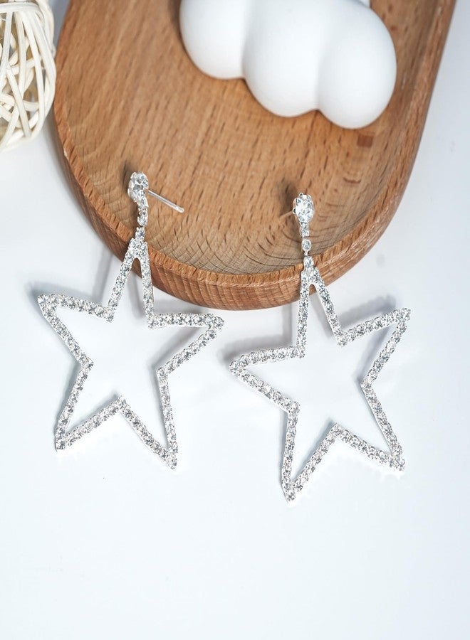 Mintolex Silver Star Earrings for Women Sparkly Rhinestone Hollow Star Drop Dangle Earrings Statement Star Jewelry Gifts for Party Wedding Prom, Silver - Image 5